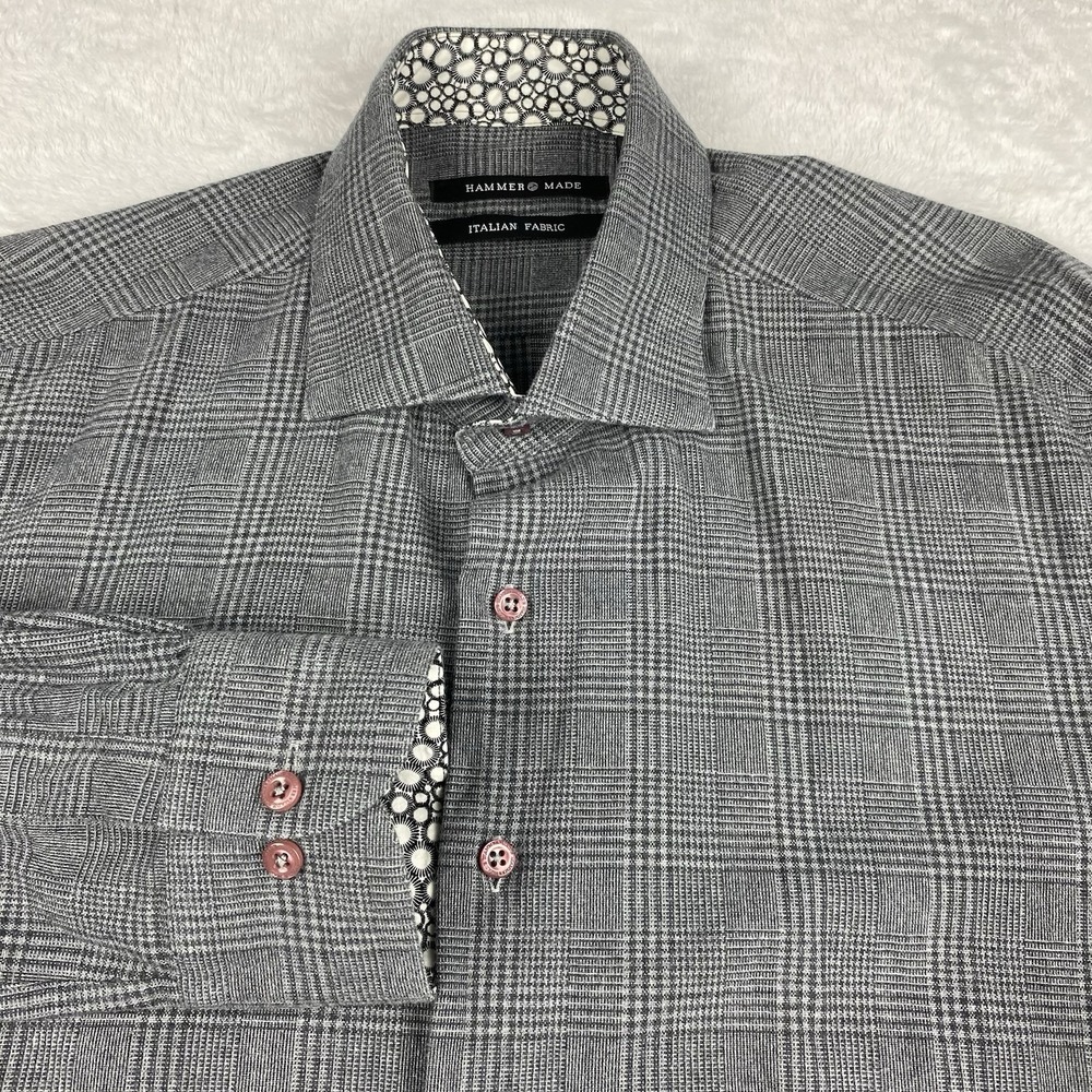 Hammer Made‎ Dress Shirt Mens 16 (41) Gray Plaid Slim Fit Flip Cuffs Soft Touch